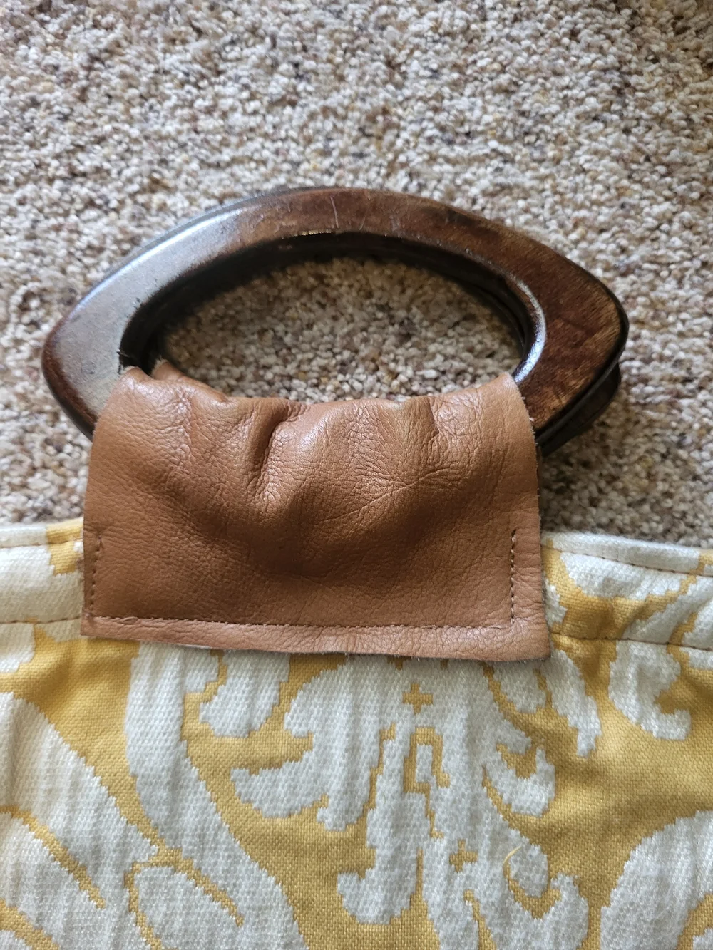 Yellow and Cream Patterned Tote Bag with Brown Trim